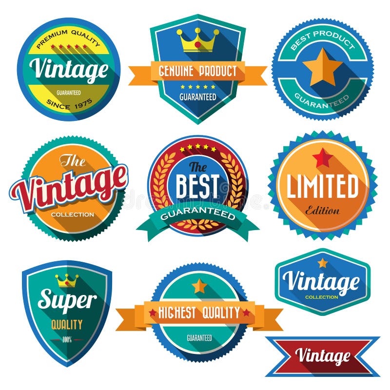 Reeks retro uitstekende kentekens en etiketten. Vlak ontwerp met lange sh royalty-vrije illustratie Reeks retro uitstekende kentekens en etiketten. Vlak ontwerp met lange sh royalty-vrije illustratie