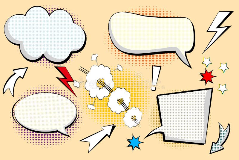 Reeks retro van beeldverhaal, toespraakschets Grappige toespraakbellen Lege dialoogwolken in pop-artstijl met halftone schaduwen royalty-vrije illustratie Reeks retro van beeldverhaal, toespraakschets Grappige toespraakbellen Lege dialoogwolken in pop-artstijl met halftone schaduwen royalty-vrije illustratie