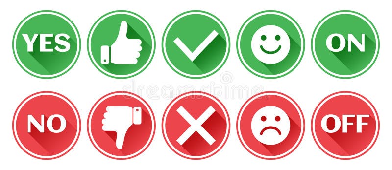 Reeks rode en groene pictogrammenknopen Duim op en neer Als en afkeer Bevestiging en verwerping Ja en Nr Aan en uit vector illustratie Reeks rode en groene pictogrammenknopen Duim op en neer Als en afkeer Bevestiging en verwerping Ja en Nr Aan en uit vector illustratie
