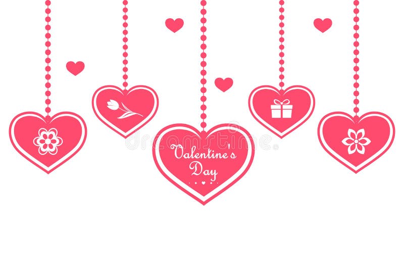 Reeks roze hangende die harten met symbolen, zoals gift en bloemen, op een witte achtergrond wordt geïsoleerd De gelukkige Dag va vector illustratie Reeks roze hangende die harten met symbolen, zoals gift en bloemen, op een witte achtergrond wordt geïsoleerd De gelukkige Dag va vector illustratie
