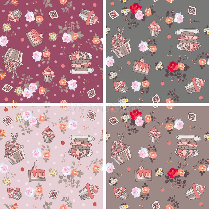 Reeks smakelijke naadloze patronen met zoete cupcakes en mooie bloemen stock illustratie Reeks smakelijke naadloze patronen met zoete cupcakes en mooie bloemen stock illustratie