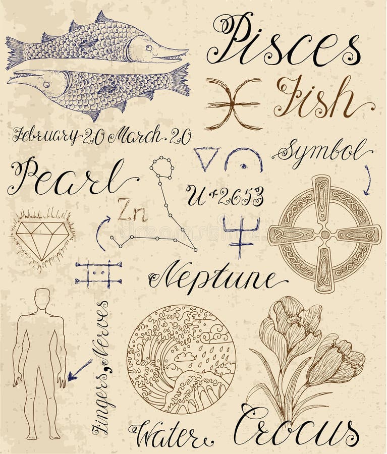 Collection of hand drawn symbols for astrological zodiac sign Pisces or Fish. Line art vector illustration of engraved horoscope set. Doodle drawing and sketch with calligraphic lettering. Collection of hand drawn symbols for astrological zodiac sign Pisces or Fish. Line art vector illustration of engraved horoscope set. Doodle drawing and sketch with calligraphic lettering