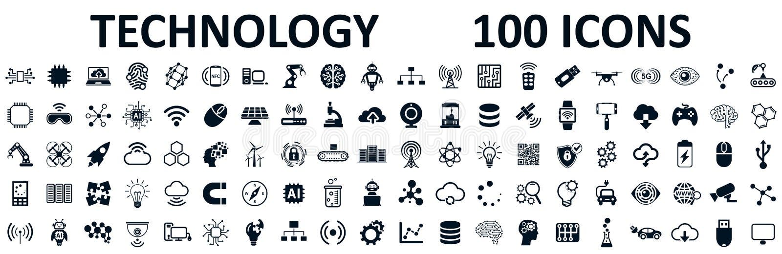 Reeks 100 technologiepictogrammen. industrie 40 ontwerp - fabriek van de toekomst. technologische vooruitgang 5g ai robot iot nabi Reeks 100 technologiepictogrammen. industrie 40 ontwerp - fabriek van de toekomst. technologische vooruitgang 5g ai robot iot nabi