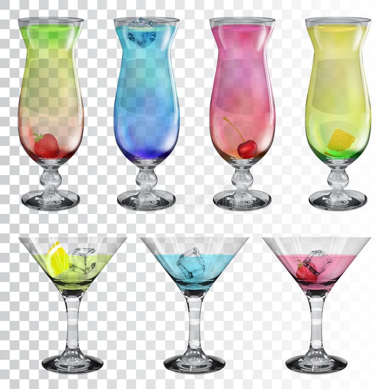Reeks transparante glasdrinkbekers met cocktails stock illustratie Reeks transparante glasdrinkbekers met cocktails stock illustratie