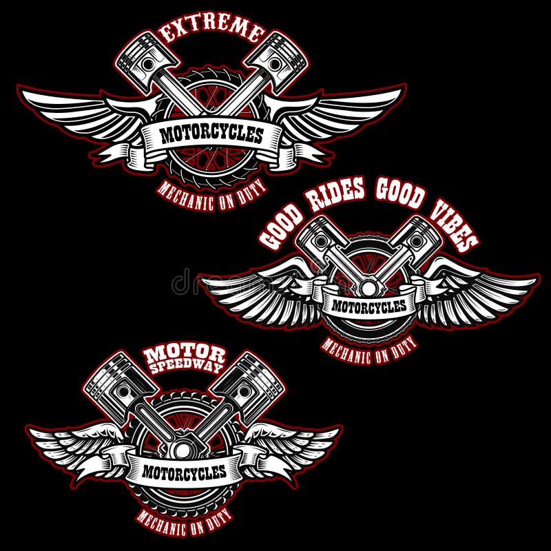 Reeks uitstekende emblemen van de douanemotorfiets Ontwerpelementen voor embleem, etiket, teken, menu stock illustratie Reeks uitstekende emblemen van de douanemotorfiets Ontwerpelementen voor embleem, etiket, teken, menu stock illustratie
