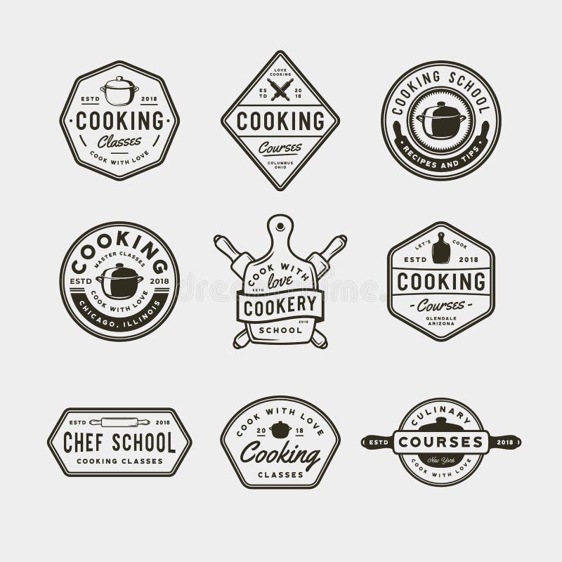 Reeks uitstekende kokende klassenemblemen retro gestileerde culinaire schoolemblemen Vector illustratie stock illustratie Reeks uitstekende kokende klassenemblemen retro gestileerde culinaire schoolemblemen Vector illustratie stock illustratie