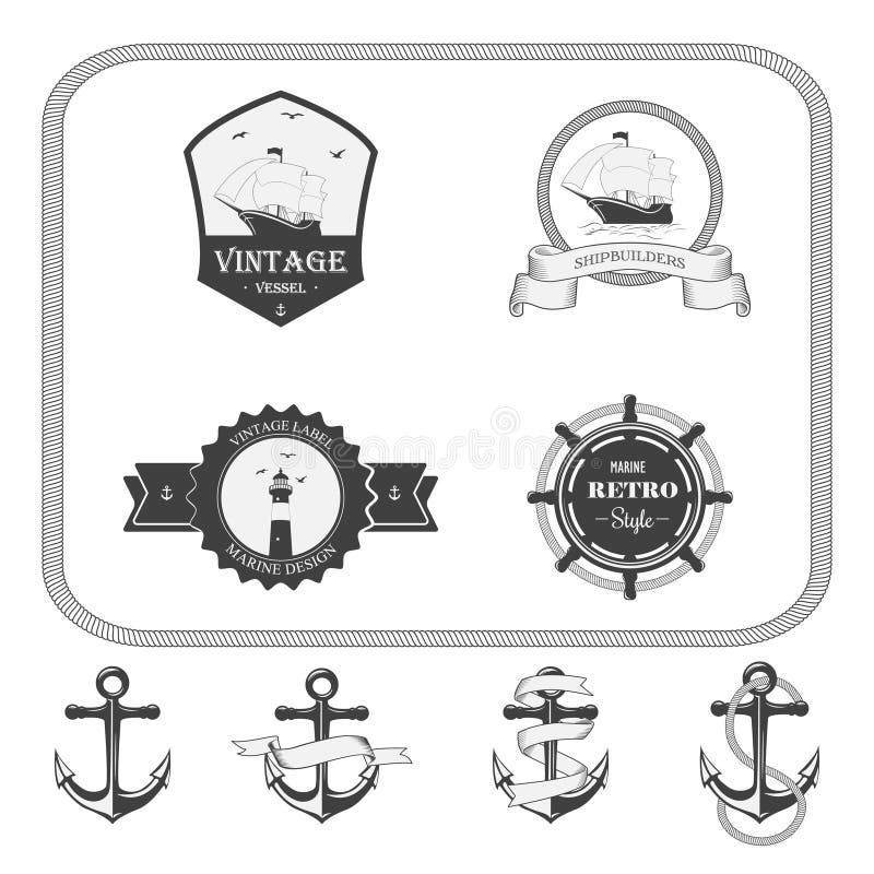 Reeks uitstekende zeevaartetiketten, pictogrammen en ontwerpelementen vector illustratie Reeks uitstekende zeevaartetiketten, pictogrammen en ontwerpelementen vector illustratie