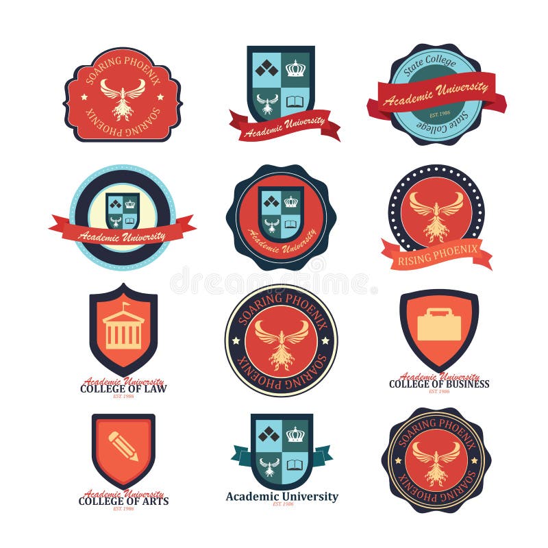Reeks universiteit en van het van de universiteitsschool en embleem emblemen stock illustratie Reeks universiteit en van het van de universiteitsschool en embleem emblemen stock illustratie