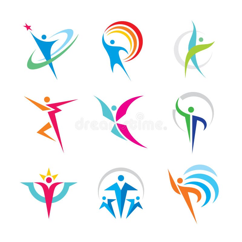 Reeks van abstract kleurrijk menselijk karakterembleem Het concepten vectorillustratie van inzamelingsmensen Sport, fitness, gelu royalty-vrije illustratie Reeks van abstract kleurrijk menselijk karakterembleem Het concepten vectorillustratie van inzamelingsmensen Sport, fitness, gelu royalty-vrije illustratie