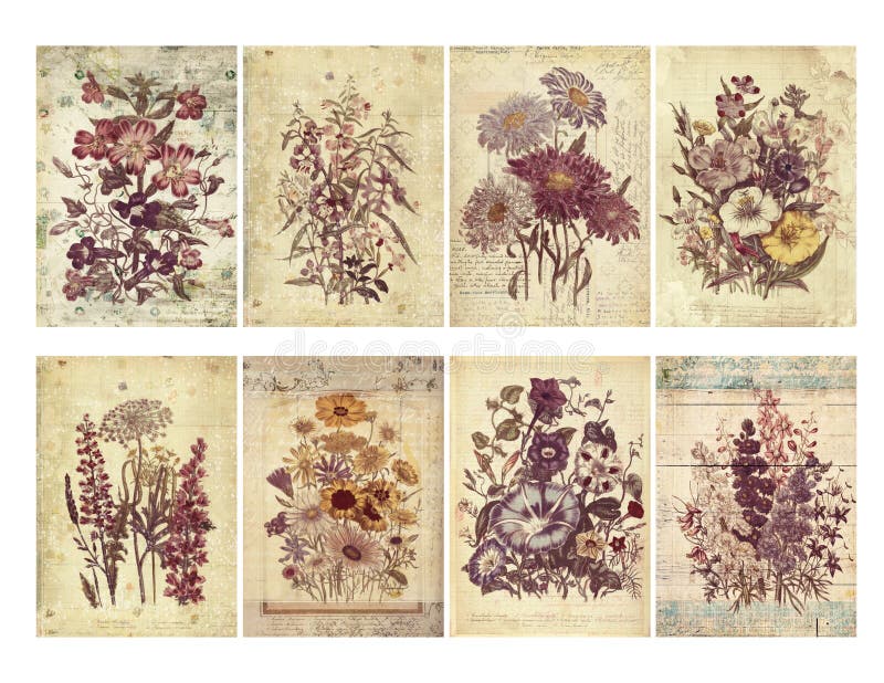 Reeks van acht sjofele uitstekende bloemenkaarten met geweven lagen en tekst.