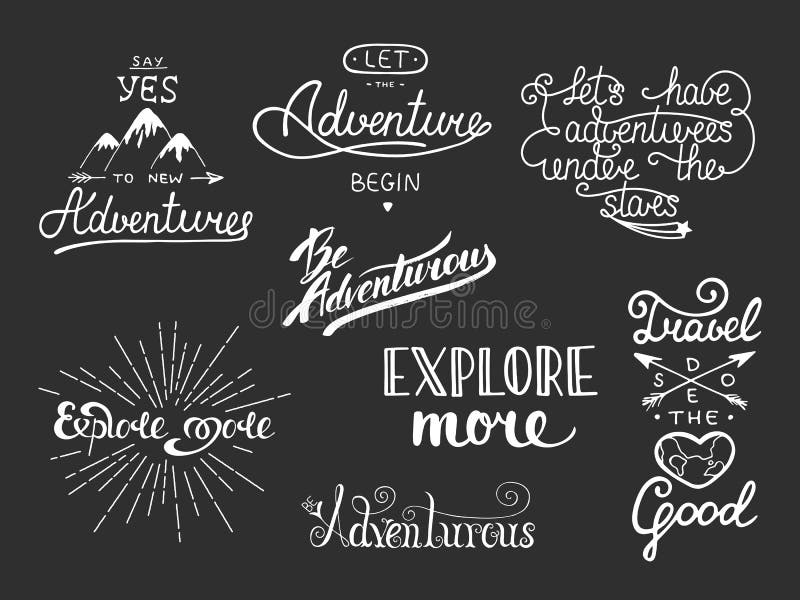 Reeks van avontuur en reis vectorhand getrokken unieke typographySet van avontuur en reis vectorhand getrokken unieke typografie