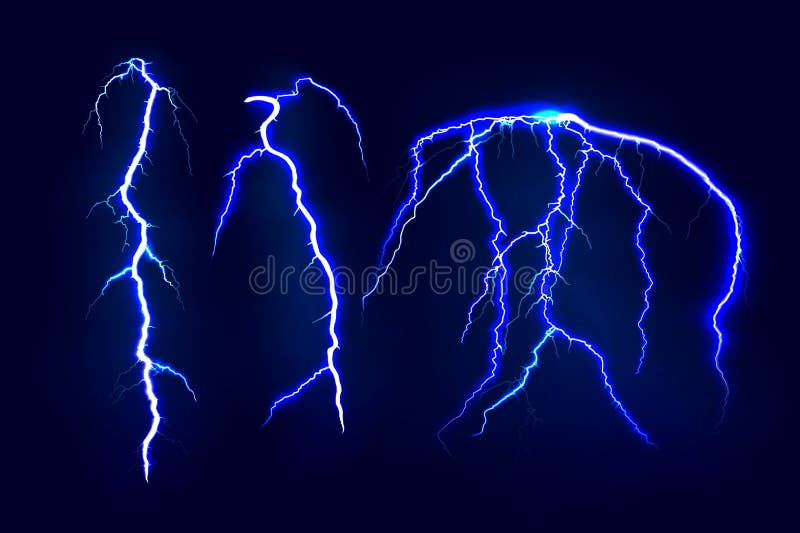 Reeks van bliksem De vonk van de elektrisch lichtdonder Realistische bliksem op donkere achtergrond Vector illustratie royalty-vrije illustratie Reeks van bliksem De vonk van de elektrisch lichtdonder Realistische bliksem op donkere achtergrond Vector illustratie royalty-vrije illustratie