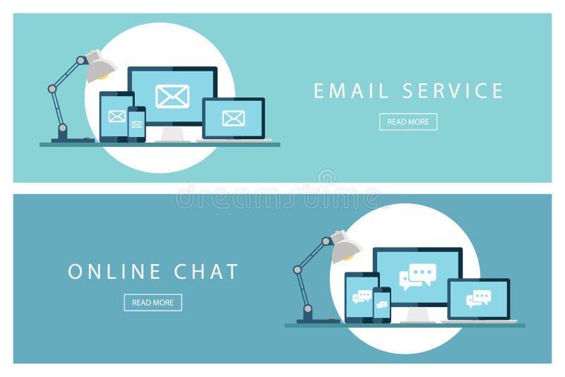 Reeks van de vlakke e-maildienst van ontwerpconcepten en Online praatje Banners voor Webontwerp, marketing en bevordering royalty-vrije illustratie Reeks van de vlakke e-maildienst van ontwerpconcepten en Online praatje Banners voor Webontwerp, marketing en bevordering royalty-vrije illustratie