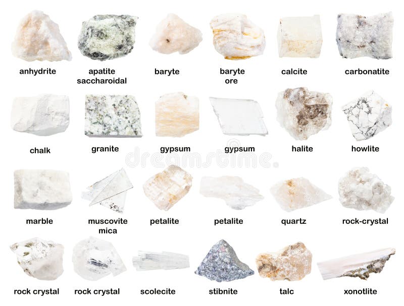 Set of various unpolished white stones with names  granite, gypsum, petalite, baryte, howlite, etc isolated on white. Set of various unpolished white stones with names  granite, gypsum, petalite, baryte, howlite, etc isolated on white