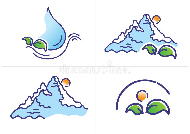 Reeks van Ecologisch Embleem, lijn vectorillustratie van een daling van water, groene bladeren, berg, zon, royalty-vrije illustratie Reeks van Ecologisch Embleem, lijn vectorillustratie van een daling van water, groene bladeren, berg, zon, royalty-vrije illustratie
