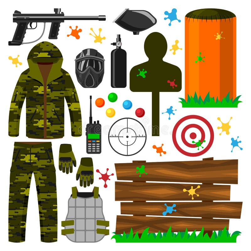 Reeks van eenvormige de bescherming van de symbolenpictogrammen van de paintballclub, van het het materiaaldoel van het sportspel vector illustratie Reeks van eenvormige de bescherming van de symbolenpictogrammen van de paintballclub, van het het materiaaldoel van het sportspel vector illustratie