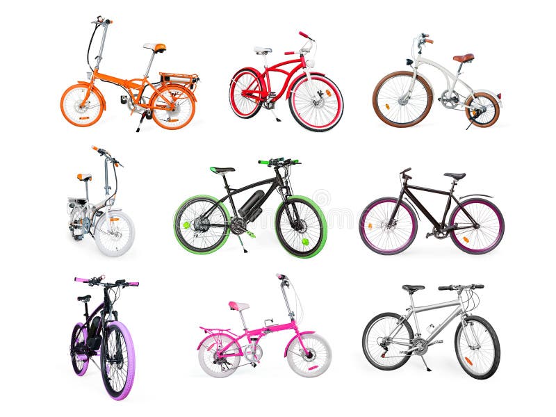 Reeks van elektrische, stedelijke, kruiser, MTB en het vouwen van geïsoleerde fietsen royalty-vrije stock afbeelding Reeks van elektrische, stedelijke, kruiser, MTB en het vouwen van geïsoleerde fietsen royalty-vrije stock afbeelding