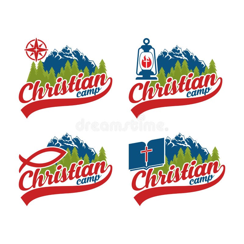 Reeks van embleem christelijk kamp Het kamp van de de zomerbijbel stock illustratie Reeks van embleem christelijk kamp Het kamp van de de zomerbijbel stock illustratie