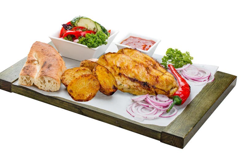 Reeks van gebakken kippenfilet, plantaardige salade, aardappels en saus royalty-vrije stock foto's Reeks van gebakken kippenfilet, plantaardige salade, aardappels en saus royalty-vrije stock foto's