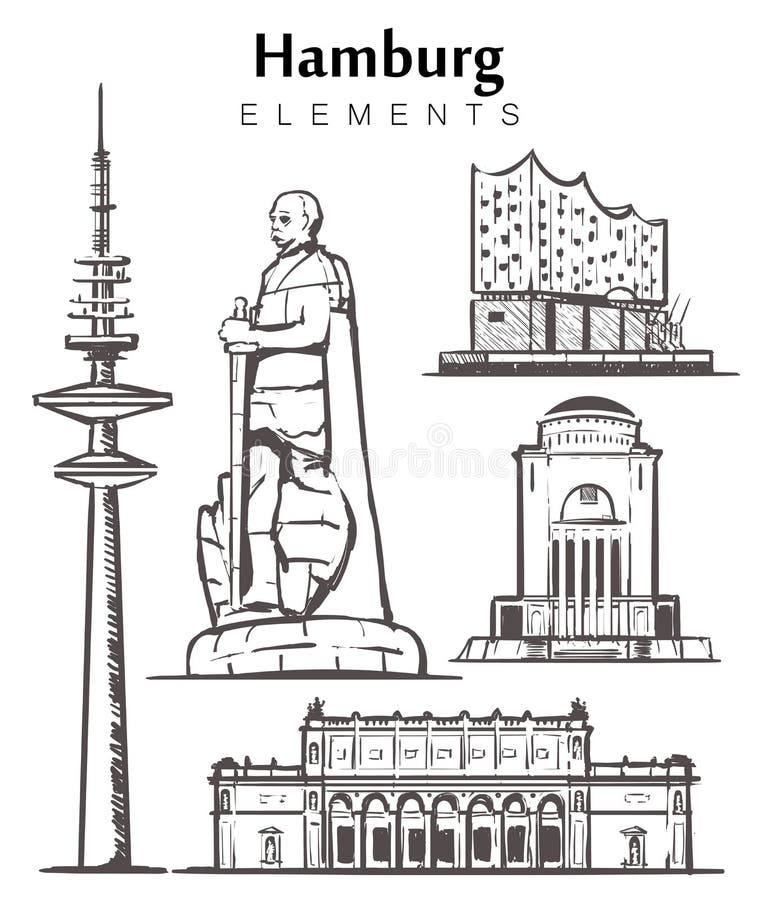 Reeks van hand-drawn van de gebouwenelementen van Hamburg de schetsillustratie stock illustratie Reeks van hand-drawn van de gebouwenelementen van Hamburg de schetsillustratie stock illustratie