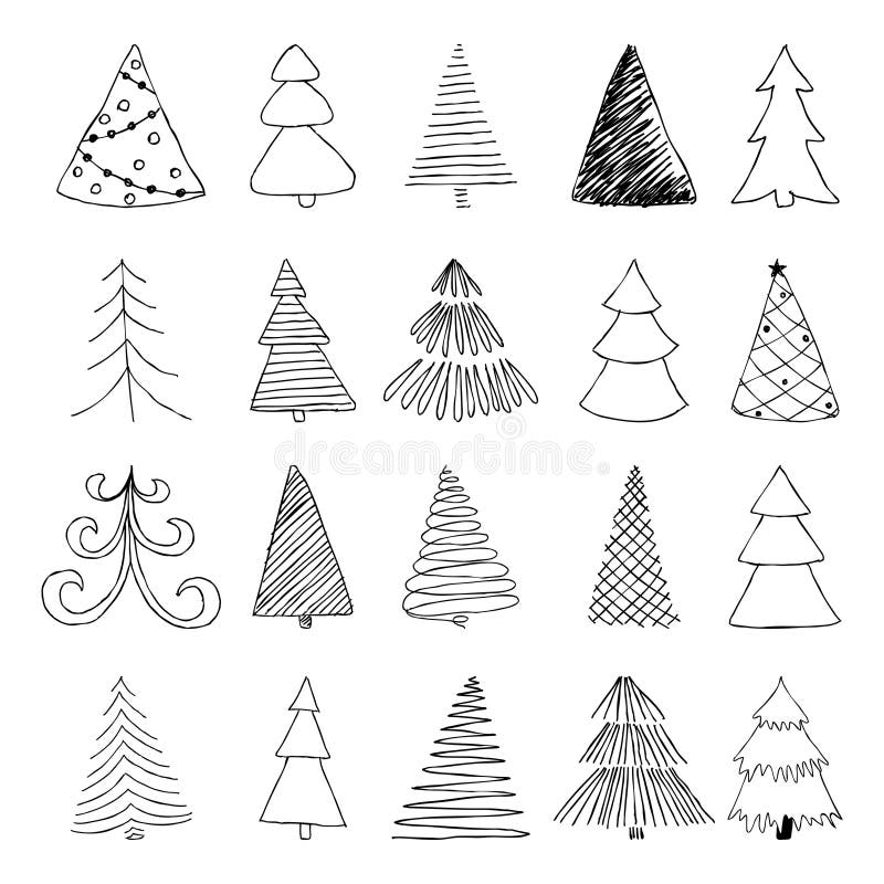 Reeks van hand getrokken Schetskerstboom ontwerp voor de kaarten van de vakantiegroet en uitnodigingen van Vrolijke Kerstmis en G royalty-vrije illustratie Reeks van hand getrokken Schetskerstboom ontwerp voor de kaarten van de vakantiegroet en uitnodigingen van Vrolijke Kerstmis en G royalty-vrije illustratie