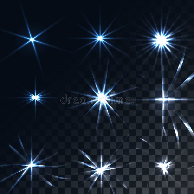 Set of bright luminous blue transparent sunshine, flares, glare of energy rays, stars on a translucent dark and checkered black background from squares. Vector illustration. Set of bright luminous blue transparent sunshine, flares, glare of energy rays, stars on a translucent dark and checkered black background from squares. Vector illustration.