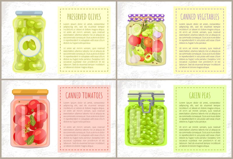 Reeks van het de Erwten de Plantaardige Behoud van tomatenolijven stock illustratie Reeks van het de Erwten de Plantaardige Behoud van tomatenolijven stock illustratie
