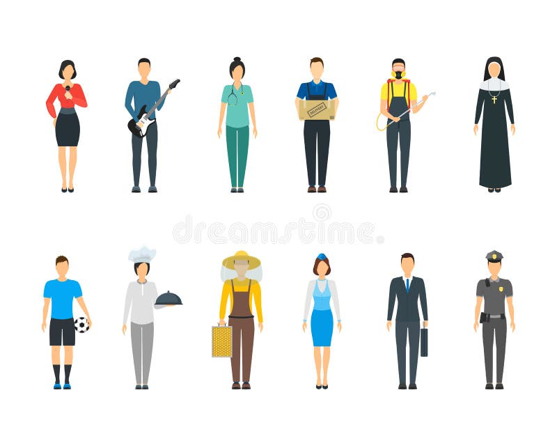 Cartoon Professional People Characters Icon Set Include of Beekeeper, Doctor, Musician, Cook, Exterminator and Nun Flat Design Style. Vector illustration. Cartoon Professional People Characters Icon Set Include of Beekeeper, Doctor, Musician, Cook, Exterminator and Nun Flat Design Style. Vector illustration