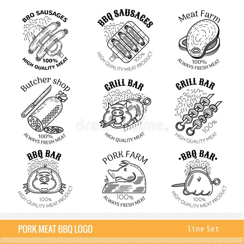 Reeks van het embleem van het varkensvleesproducten van de overzichtslijn De etiketten voor Vlees bewerken, grill en BBQ bar, geï royalty-vrije illustratie Reeks van het embleem van het varkensvleesproducten van de overzichtslijn De etiketten voor Vlees bewerken, grill en BBQ bar, geï royalty-vrije illustratie