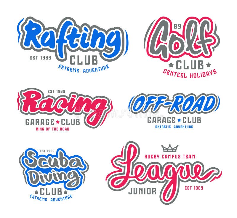 Reeks van het uitstekende het van letters voorzien embleem rafting, het duiken, golf, rit weg vector illustratie Reeks van het uitstekende het van letters voorzien embleem rafting, het duiken, golf, rit weg vector illustratie