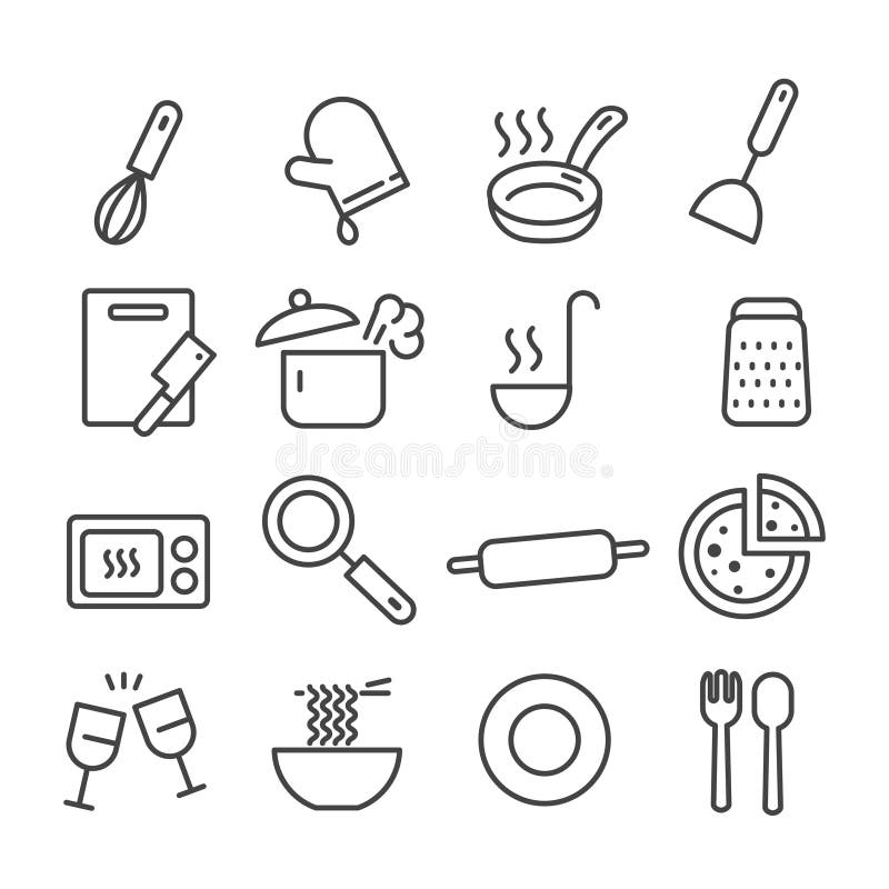 Reeks van keukengerei zoals scherpe raad, geïsoleerd deegrolpictogram Modern overzicht op witte achtergrond stock illustratie Reeks van keukengerei zoals scherpe raad, geïsoleerd deegrolpictogram Modern overzicht op witte achtergrond stock illustratie