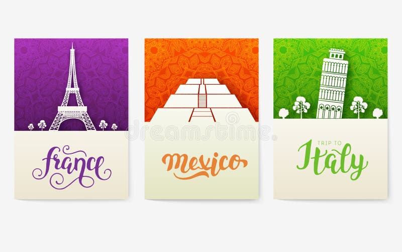 Reeks van kunst sierreis en architectuur op etnische bloemenvliegers Vector decoratieve banner van kaart of uitnodiging vector illustratie Reeks van kunst sierreis en architectuur op etnische bloemenvliegers Vector decoratieve banner van kaart of uitnodiging vector illustratie