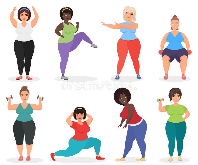 Reeks van leuk plus grootte gebogen vrouwen die geschiktheidsoefening doen Vette vrouwensport en fitness royalty-vrije illustratie Reeks van leuk plus grootte gebogen vrouwen die geschiktheidsoefening doen Vette vrouwensport en fitness royalty-vrije illustratie