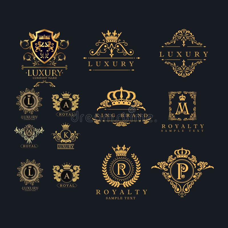 Reeks van luxe koninklijk kroon en etiketkenteken - embleemvector vector illustratie Reeks van luxe koninklijk kroon en etiketkenteken - embleemvector vector illustratie