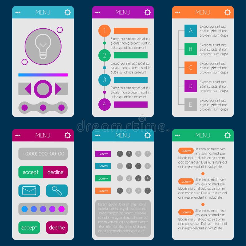 Reeks van malplaatjes mobiele interface Vlakke UI/UX Kan in m worden gebruikt vector illustratie Reeks van malplaatjes mobiele interface Vlakke UI/UX Kan in m worden gebruikt vector illustratie