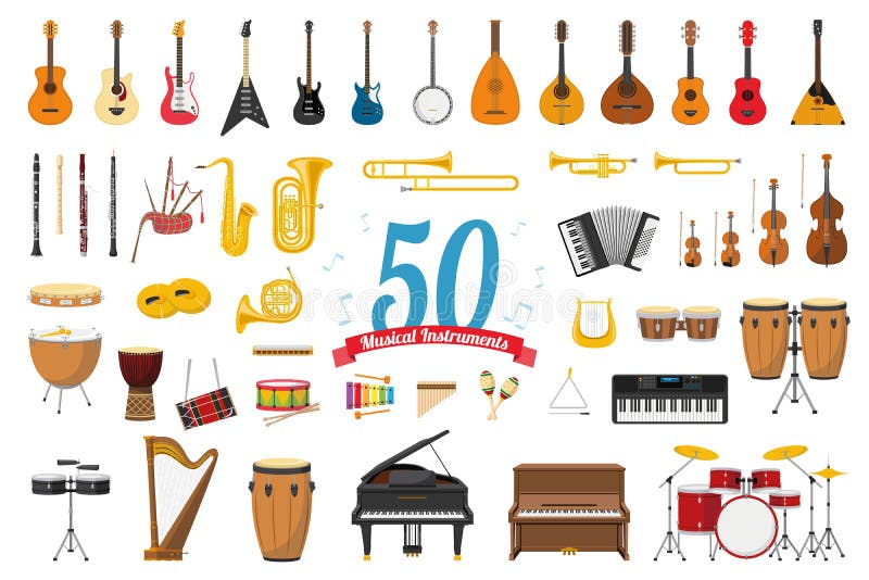 Reeks van 50 muzikale die instrumenten in beeldverhaalstijl op witte achtergrond wordt geïsoleerd