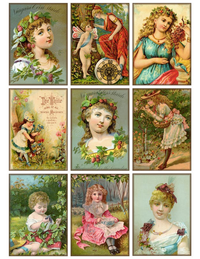 Reeks van negen uitstekende meisjes antieke handelkaarten