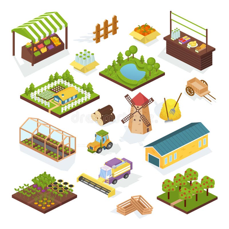 Reeks van objecten landbouw, landbouwbedrijf Isometrische voertuigen, gebouwen, aanplantingen vector illustratie Reeks van objecten landbouw, landbouwbedrijf Isometrische voertuigen, gebouwen, aanplantingen vector illustratie