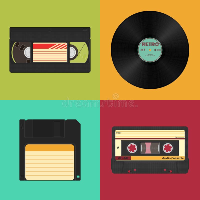 Reeks van retro audio, video en gegevensopslag Audio, videocassettes, vinylverslag en slappe diskette vector illustratie Reeks van retro audio, video en gegevensopslag Audio, videocassettes, vinylverslag en slappe diskette vector illustratie