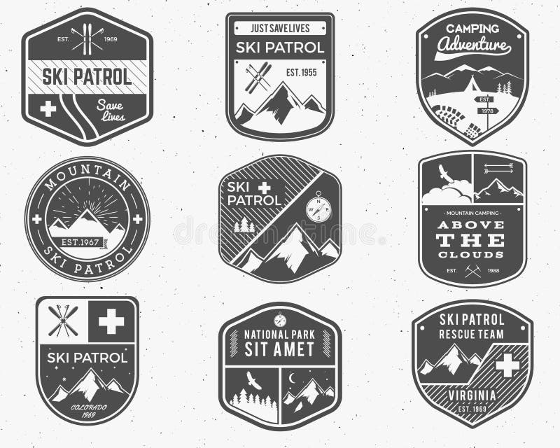 Reeks van Ski Club, Patrouilleetiketten Uitstekende Berg stock illustratie Reeks van Ski Club, Patrouilleetiketten Uitstekende Berg stock illustratie