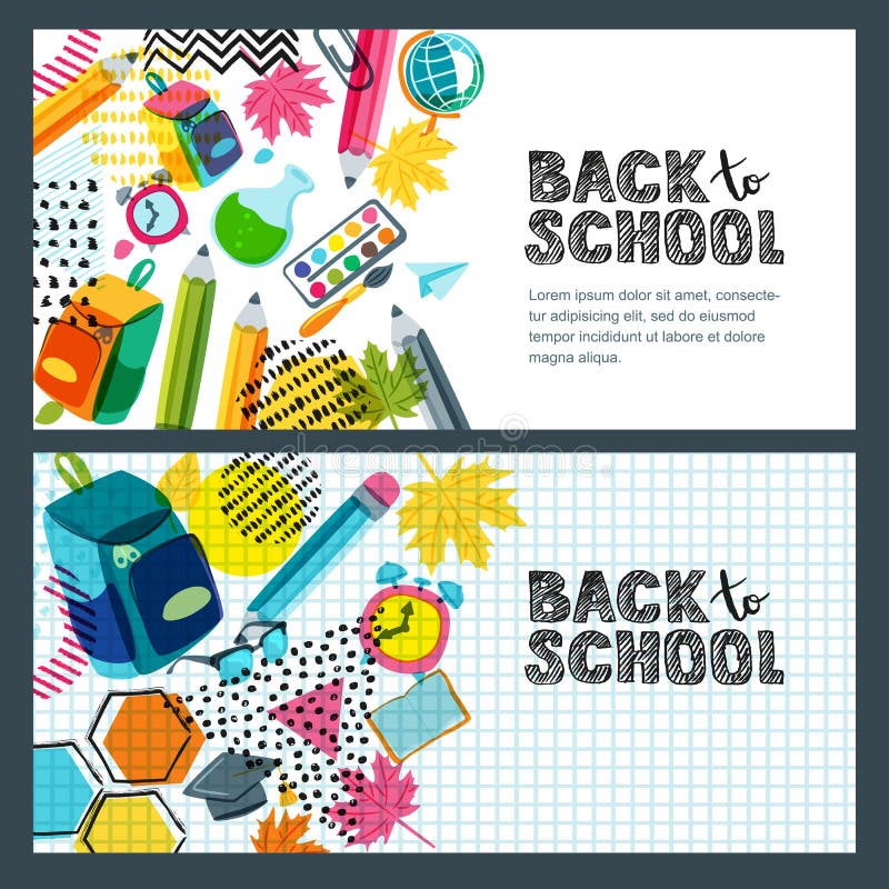 Reeks van terug naar de banner van de schoolverkoop, afficheachtergrond Hand getrokken schetsbrieven, veelkleurige potloden royalty-vrije illustratie Reeks van terug naar de banner van de schoolverkoop, afficheachtergrond Hand getrokken schetsbrieven, veelkleurige potloden royalty-vrije illustratie