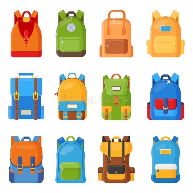 Reeks van twaalf gekleurde schoolrugzakken Onderwijs en studie vlakke inzameling, terug naar school, schooltasbagage, rugzak royalty-vrije illustratie Reeks van twaalf gekleurde schoolrugzakken Onderwijs en studie vlakke inzameling, terug naar school, schooltasbagage, rugzak royalty-vrije illustratie