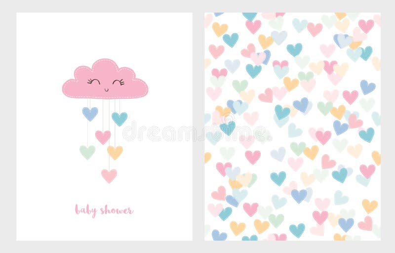 Reeks van Twee Leuke Vectorillustraties Roze het Glimlachen Wolk met het Laten vallen van Harten De roze Tekst van de Babydouche vector illustratie Reeks van Twee Leuke Vectorillustraties Roze het Glimlachen Wolk met het Laten vallen van Harten De roze Tekst van de Babydouche vector illustratie