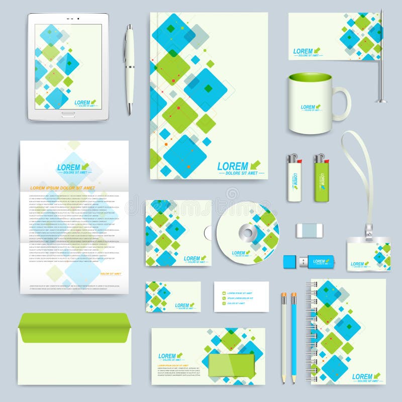 Reeks van vector collectief identiteitsmalplaatje Modern bedrijfskantoorbehoeftenmodel Het brandmerken ontwerp met blauw en groen stock illustratie Reeks van vector collectief identiteitsmalplaatje Modern bedrijfskantoorbehoeftenmodel Het brandmerken ontwerp met blauw en groen stock illustratie