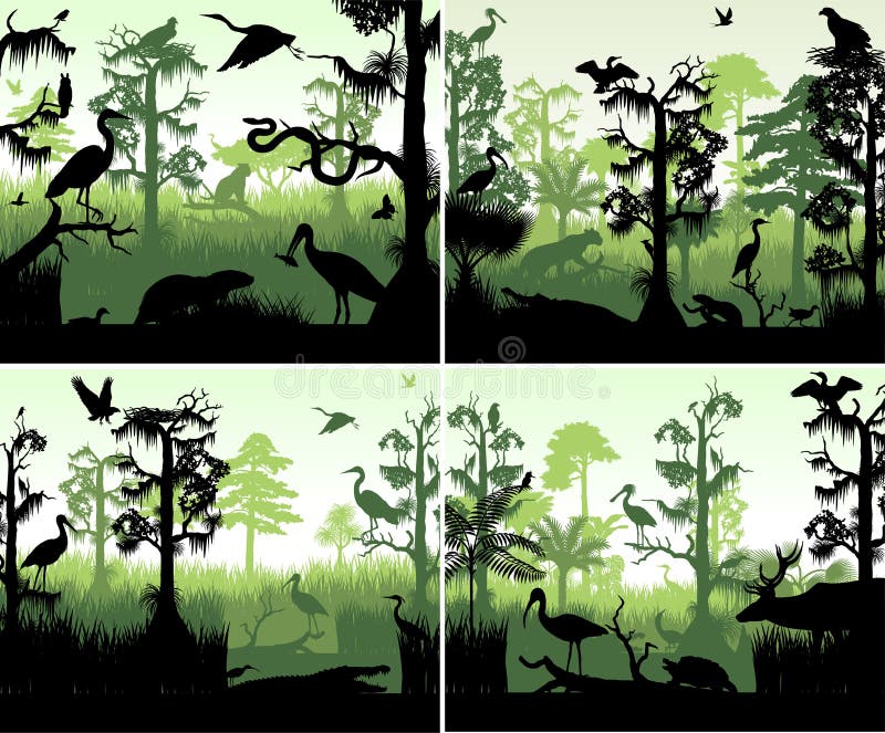 Reeks van vectorregenwoudmoerasland in het malplaatje van het zonsondergangontwerp met dieren royalty-vrije illustratie Reeks van vectorregenwoudmoerasland in het malplaatje van het zonsondergangontwerp met dieren royalty-vrije illustratie