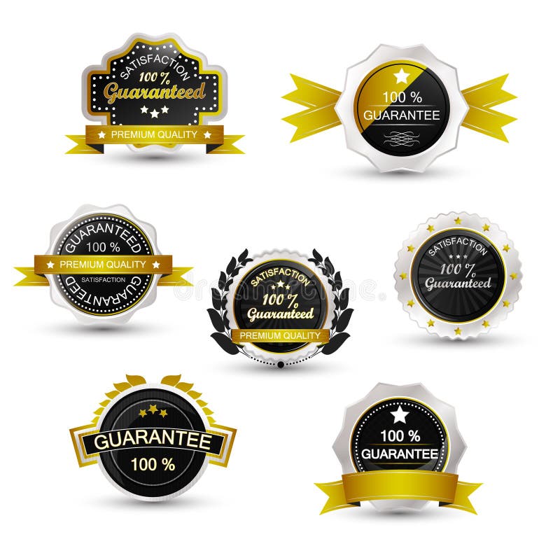 Reeks van verkoopetiketten, gouden waarborgkenteken, embleem of symbool vector illustratie Reeks van verkoopetiketten, gouden waarborgkenteken, embleem of symbool vector illustratie