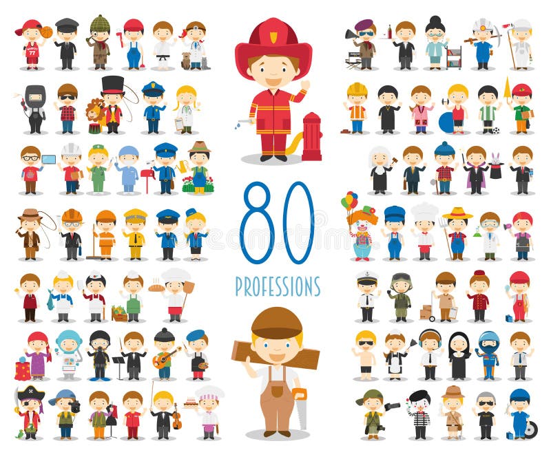 Reeks van 80 verschillende beroepen in beeldverhaalstijl stock illustratie Reeks van 80 verschillende beroepen in beeldverhaalstijl stock illustratie