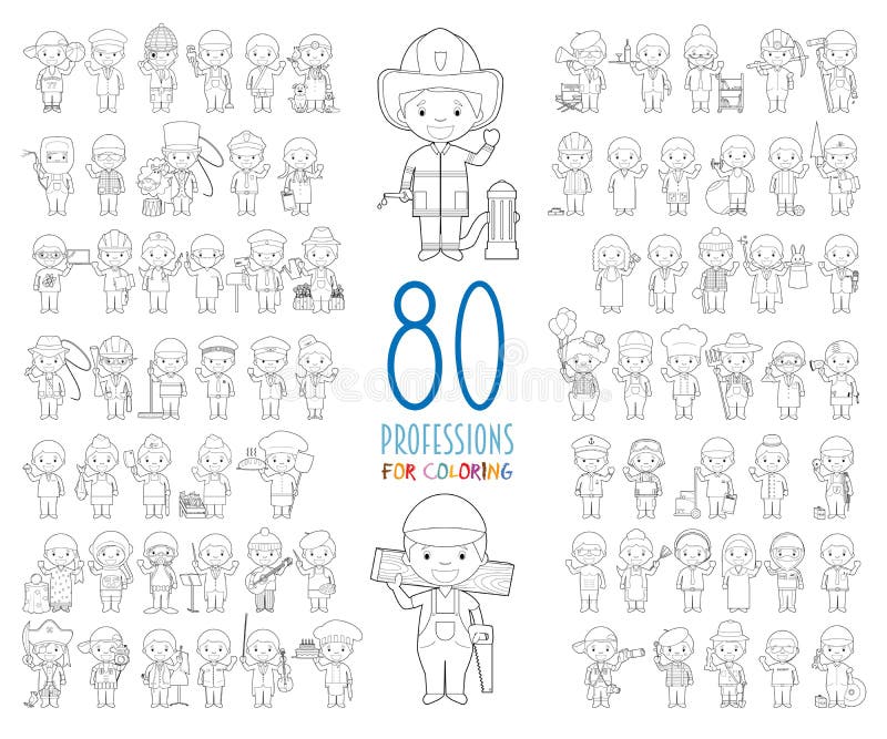 Reeks van 80 verschillende beroepen voor kleuring in beeldverhaalstijl vector illustratie Reeks van 80 verschillende beroepen voor kleuring in beeldverhaalstijl vector illustratie