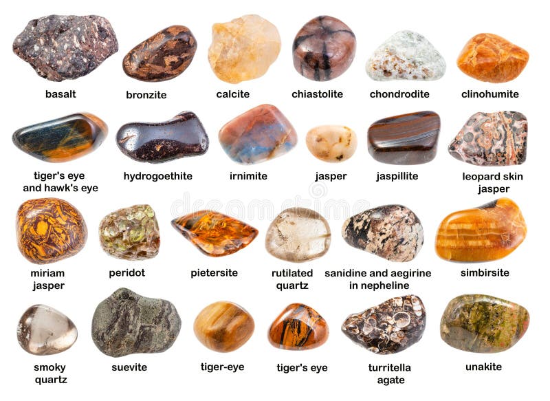 Set of various brown gemstones with names  bronzite, pietersite, clinohumite, etc isolated on white. Set of various brown gemstones with names  bronzite, pietersite, clinohumite, etc isolated on white