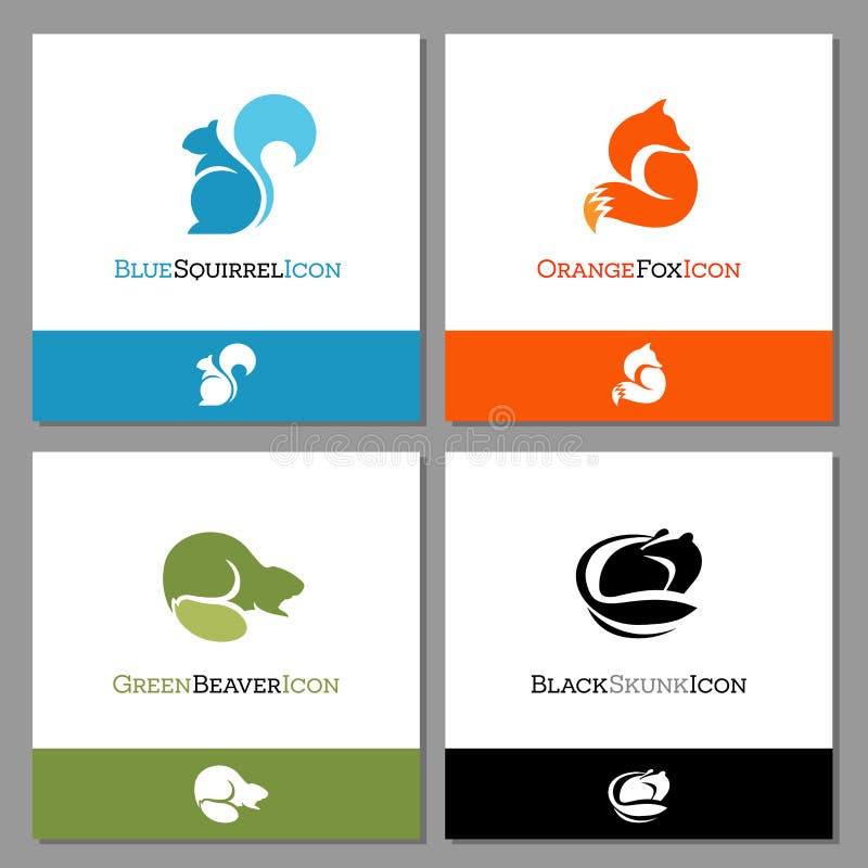 Set of forest animal icons to use for logos or mascots. Includes, squirrel, fox, beaver and skunk. Flat minimalist style. Vector Illustration. Set of forest animal icons to use for logos or mascots. Includes, squirrel, fox, beaver and skunk. Flat minimalist style. Vector Illustration.